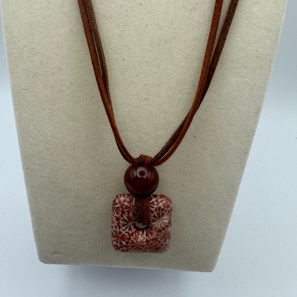 Coral Fossil Square Donut Pendant on Brown Two Tone Faux Leather Double Cord - Picture 3 of 11